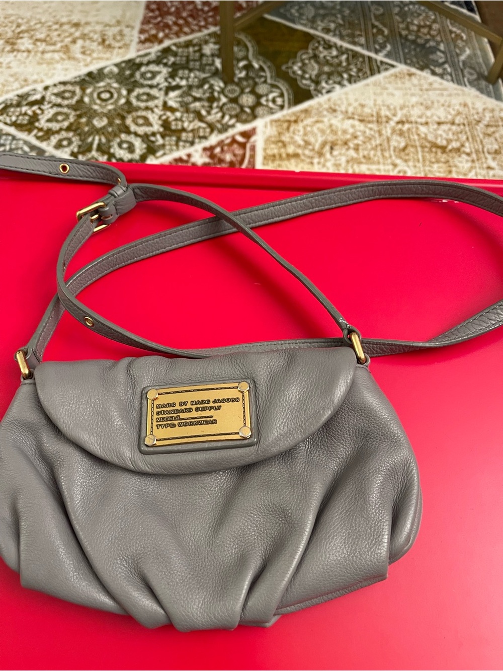 Marc Jacobs Gray Pebbled Leather Crossbody with Gold Plaque